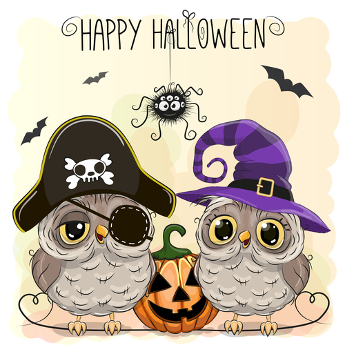 Funny owls and pumpkins halloween card vector 03