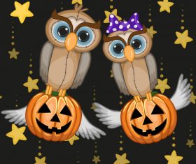 Funny owls and pumpkins halloween card vector 04