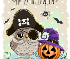 Funny owls and pumpkins halloween card vector 05