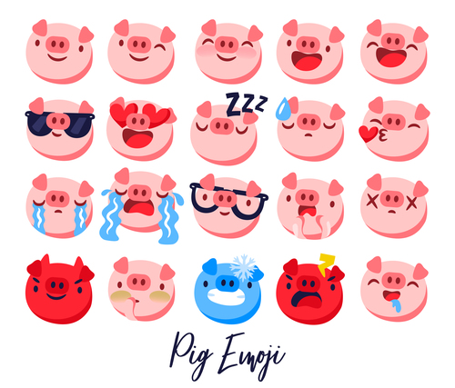 Funny pig emoji icons set