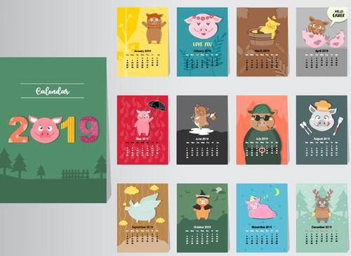 Funny pig with 2019 calender template vectot 01