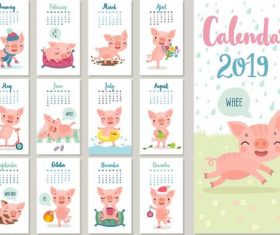 Funny pig with 2019 calender template vectot 02