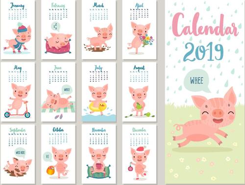 Funny pig with 2019 calender template vectot 02