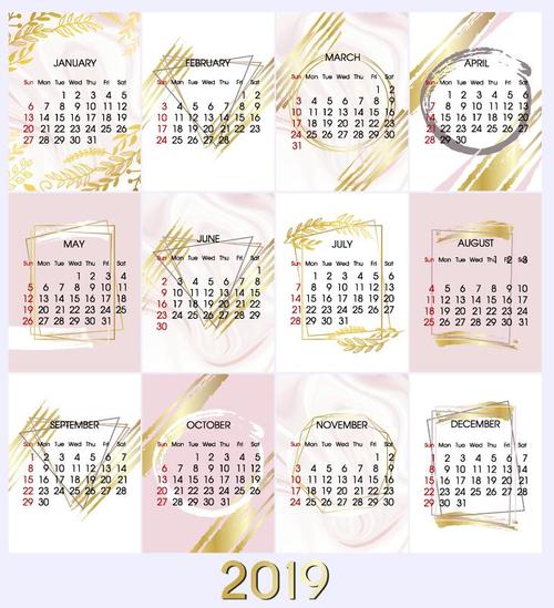 Golden decor with 2019 calendar template vector