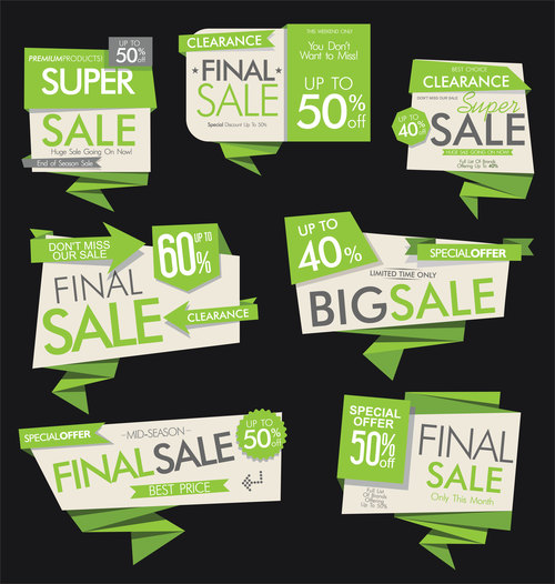 Green sale banners and labels vector set