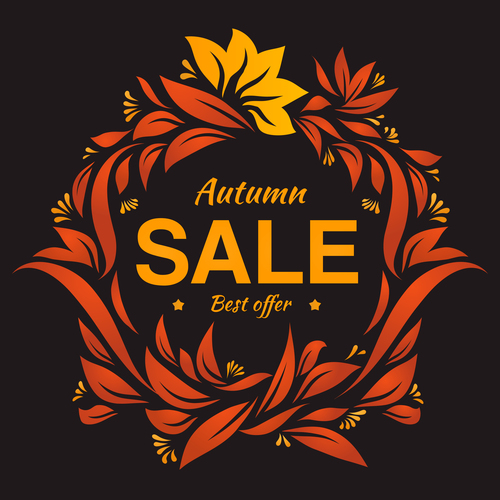 Hand drawing autumn floral label with dark backgorund vector