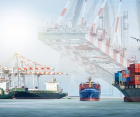 Marine terminal and cargo ship Stock Photo