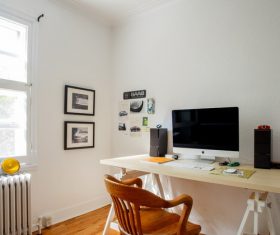 Modern minimalist study computer desk and chair Stock Photo