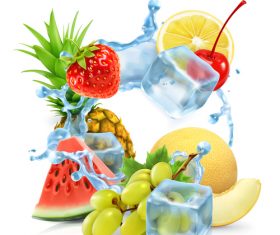 Multifruit with ice cubes and water splash vector 01