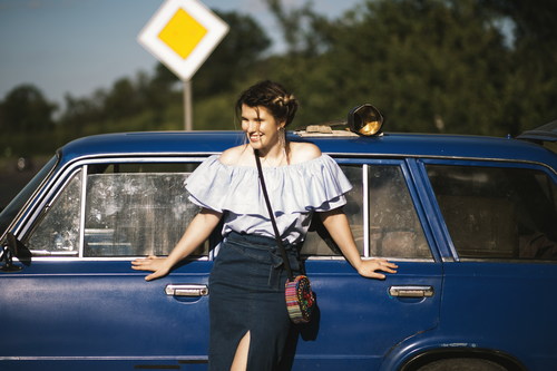 Outdoor outing car woman Stock Photo