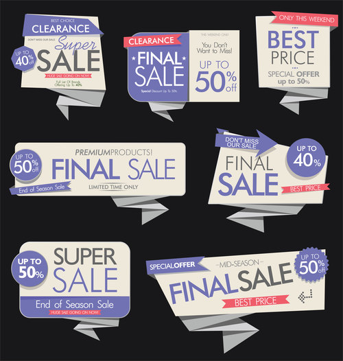 Purple sale banners and labels vector set