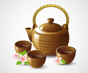 Realistic tea sets and flowers vector