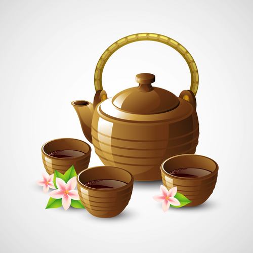 Realistic tea sets and flowers vector