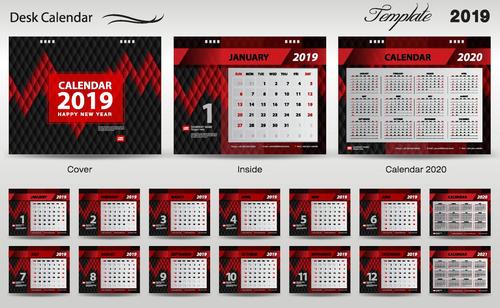 Red with black 2019 desk calendar template vectors