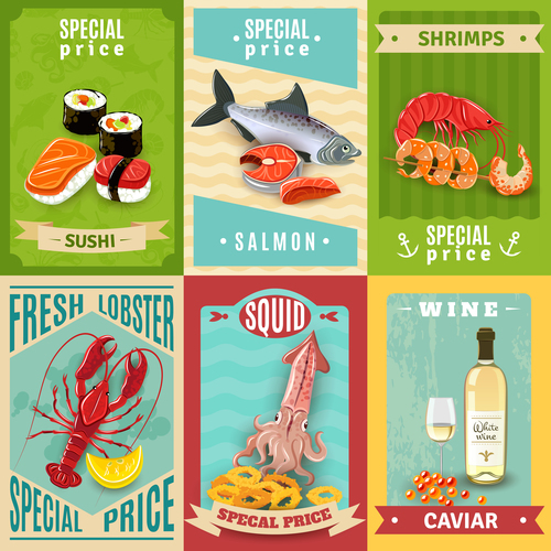 Retro seafood menu template vectors