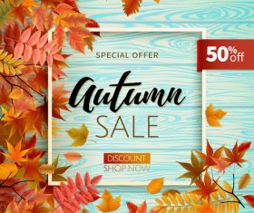 Sale wood background with autumn leaves vector 01
