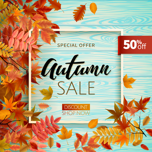 Sale wood background with autumn leaves vector 01