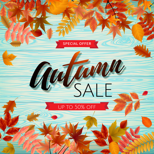 Sale wood background with autumn leaves vector 02