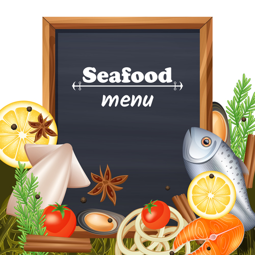 Seafood menu template with blackboard vector