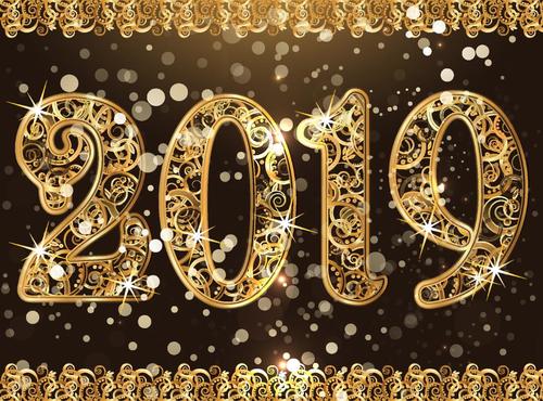 Shining 2019 new year golden background vector 02