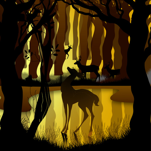 Silhouette forest with deer reflection illustration vector