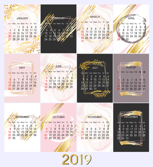 Simple 2019 calendar template vectors 01