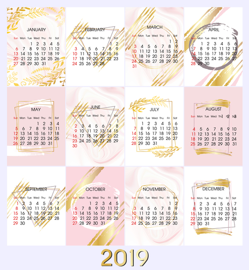 Simple 2019 calendar template vectors 02