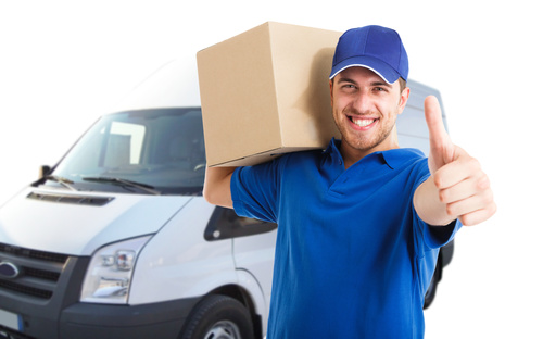 Smiling young delivery guy Stock Photo 01