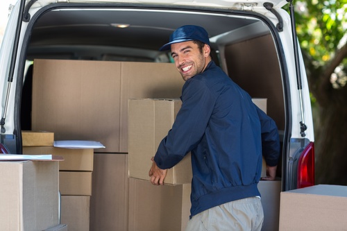 Smiling young delivery guy Stock Photo 05
