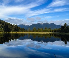 Snow mountain lake forest natural scenery Stock Photo