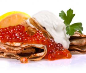 Stock Photo Delicious pancake with red caviar 02