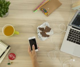 Stock Photo Food notepad and laptop on the desk