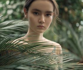 Stock Photo Girl behind the plant