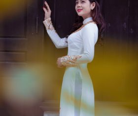 Stock Photo White traditional cheongsam Vietnamese girl