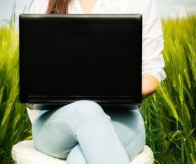 Stock Photo Woman using notebook in wheat field 01