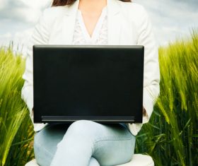 Stock Photo Woman using notebook in wheat field 02