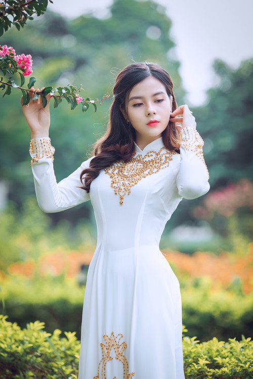 Stock Photo Woman wearing traditional Vietnamese white cheongsam fiddling with squid