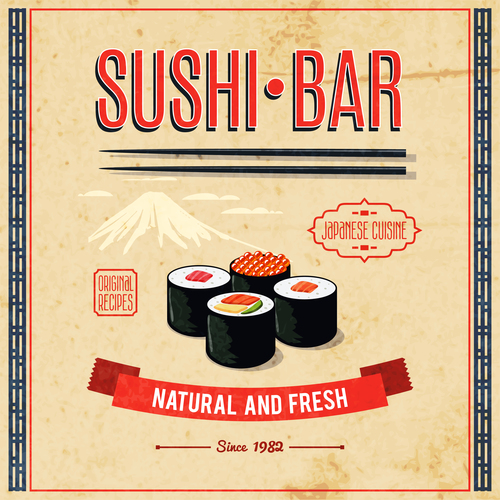 Sushi bar poster vintage vector 01