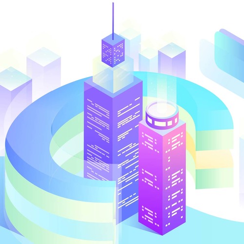 Three-dimensional letter C office building city scene gradient illustration vector