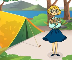 Vector cartoon wilderness vacation picking flowers back to camp girl