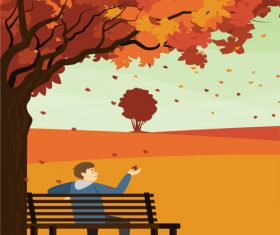 Vector illustration of boy admiring fallen leaves in the park