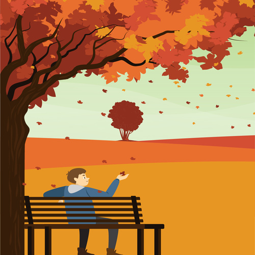 Vector illustration of boy admiring fallen leaves in the park