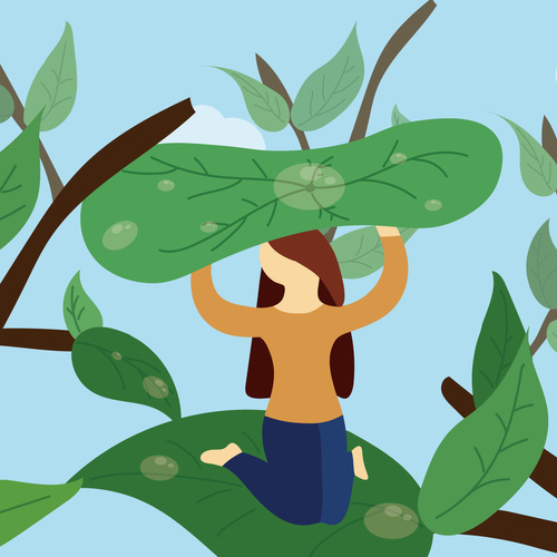 Vector illustration of man with waterdrops on leaves