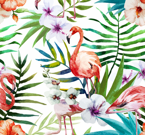 Watercolor painted cinnabar flower and flamingo vector aimaterial