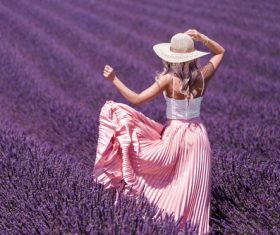 Woman walking in the sea of lavender flowers Stock Photo