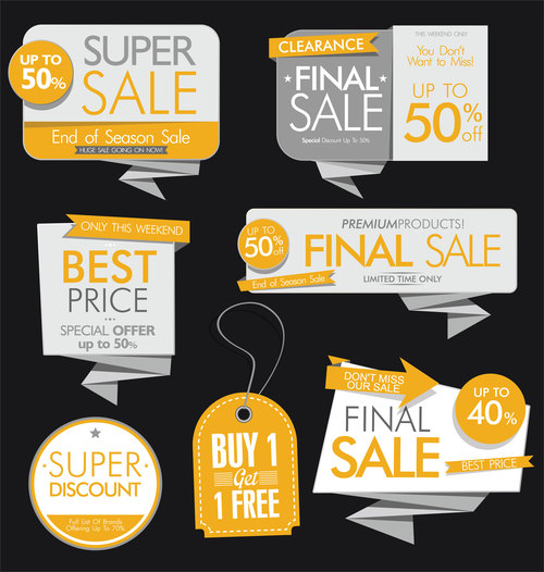 Yellow sale banners and labels vector set