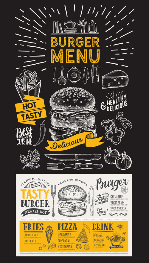 burger food blackboard menu template vector