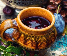 fragrant drink and fruit on wooden desktop Stock Photo 04
