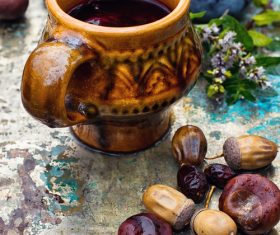fragrant drink and fruit on wooden desktop Stock Photo 05