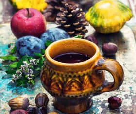 fragrant drink and fruit on wooden desktop Stock Photo 07